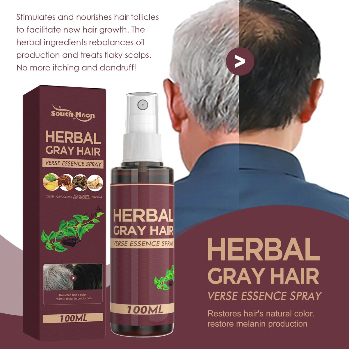 South Moon 100ml Hair Darkening Herbal Spray Polygonum Multiflorum Whiten To Black Natural Oil Control Anti Grey Hair Spray: 3 - 5 Days Free Delivery Only UK - Image 3