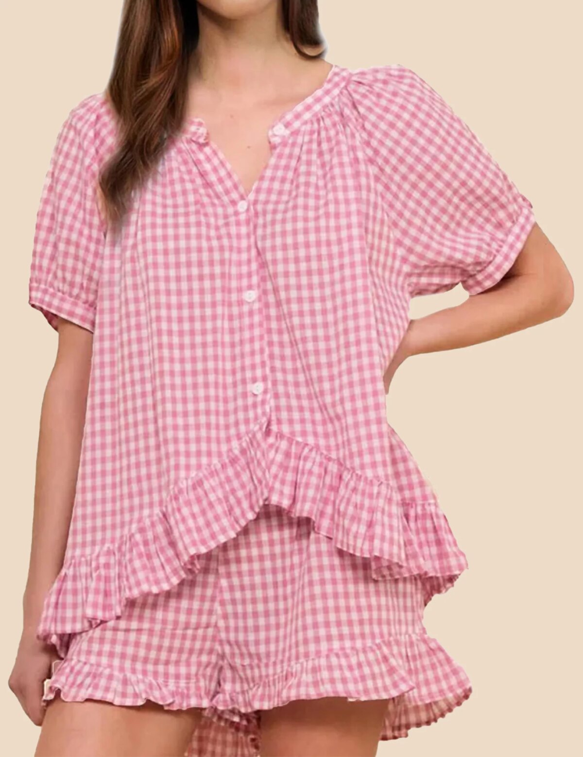Womens 2 Piece Ruffle Pajama Set Gingham Pjs Short Sleeve Babydoll Shirt and : 3 - 5 Days Free Delivery Only UK - Image 3