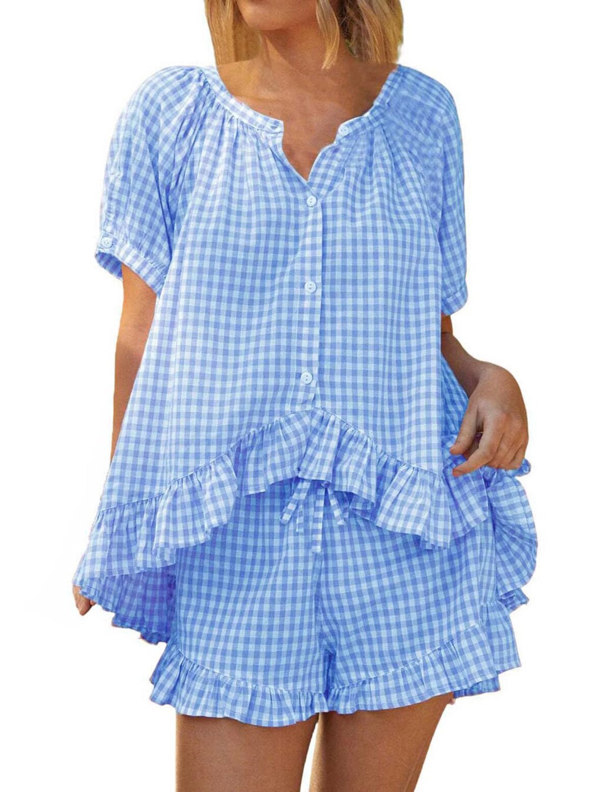 Womens 2 Piece Ruffle Pajama Set Gingham Pjs Short Sleeve Babydoll Shirt and : 3 - 5 Days Free Delivery Only UK - Image 2