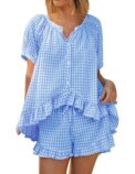Womens 2 Piece Ruffle Pajama Set Gingham Pjs Short Sleeve Babydoll Shirt and : 3 - 5 Days Free Delivery Only UK - Image 2