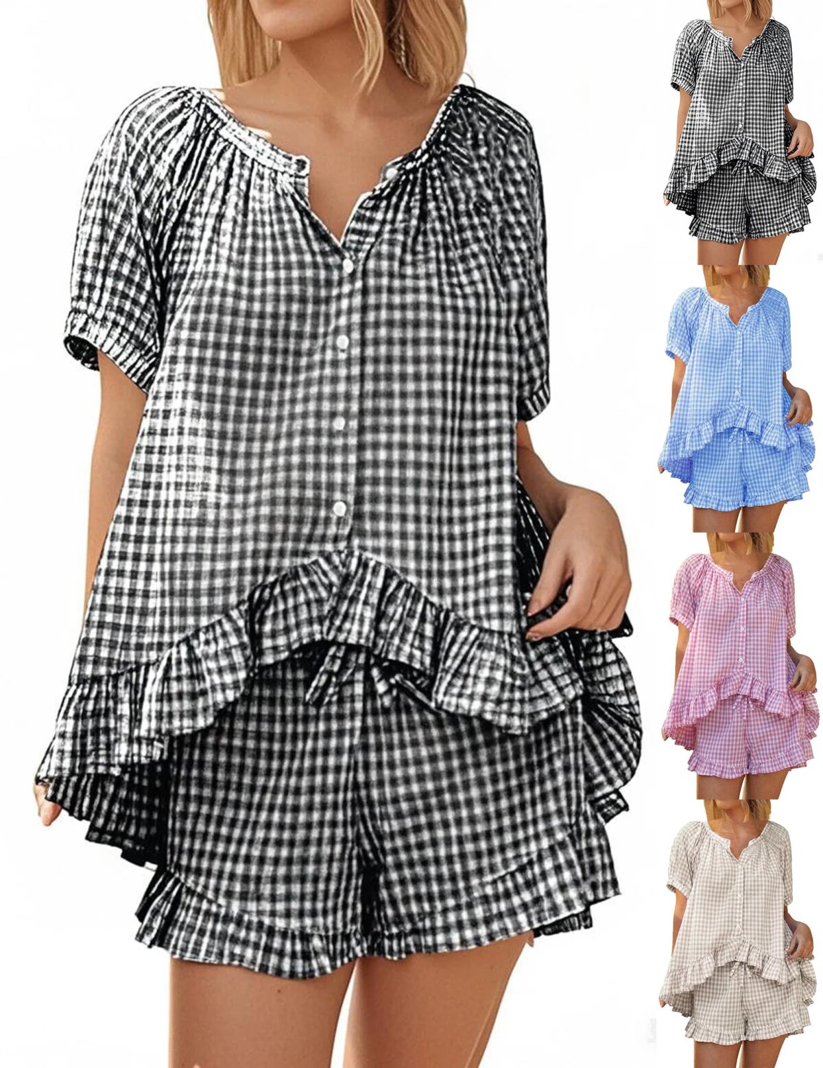 Womens 2 Piece Ruffle Pajama Set Gingham Pjs Short Sleeve Babydoll Shirt and : 3 - 5 Days Free Delivery Only UK - Image 6