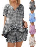 Womens 2 Piece Ruffle Pajama Set Gingham Pjs Short Sleeve Babydoll Shirt and : 3 - 5 Days Free Delivery Only UK - Image 6