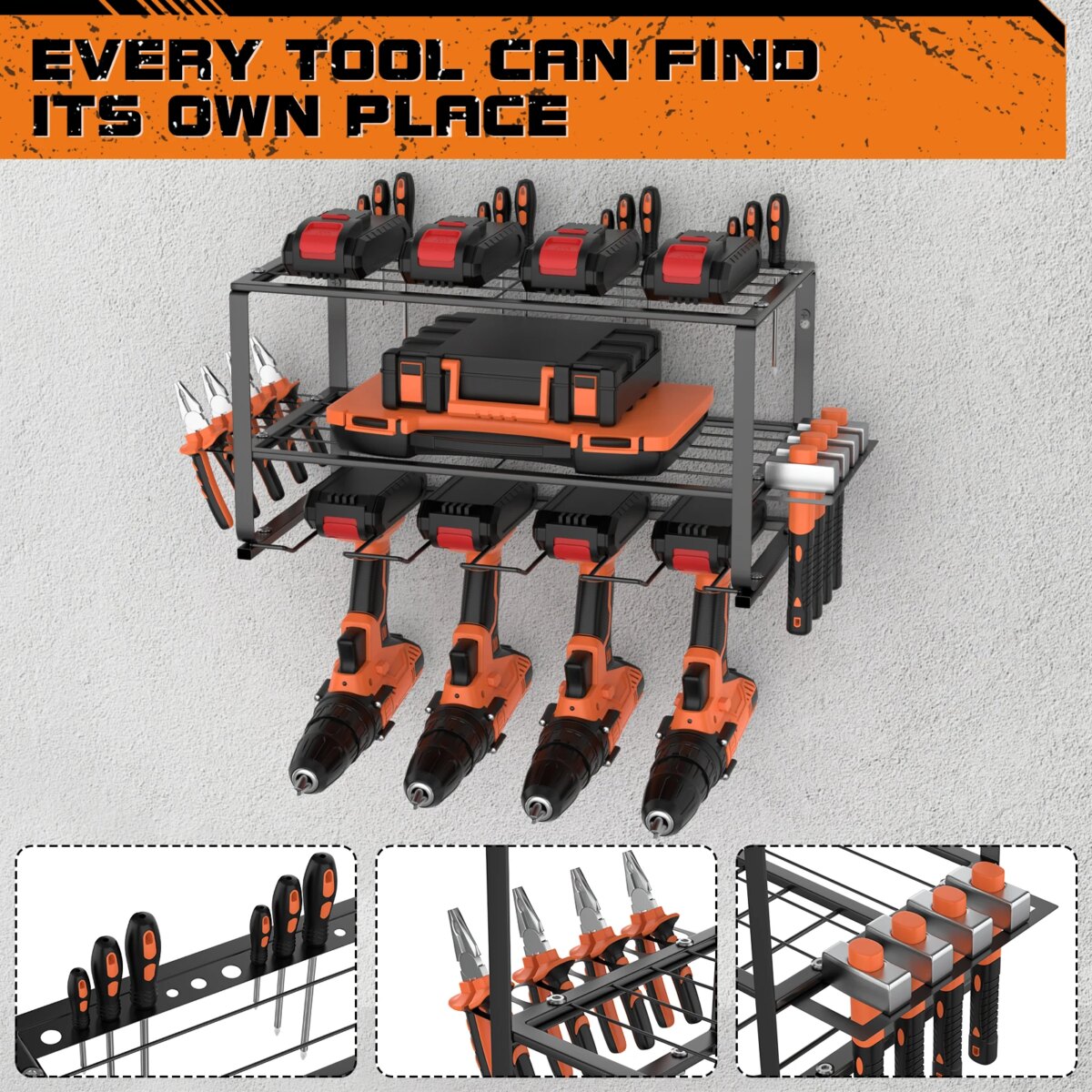 Power Tool Storage, 3 Layer Power Drill Tool Holder, Floating Tool Shelf Wall Mounted Tool Storage Rack for 4 Drill Holders: 3 - 5 Days Free Delivery only UK - Image 4