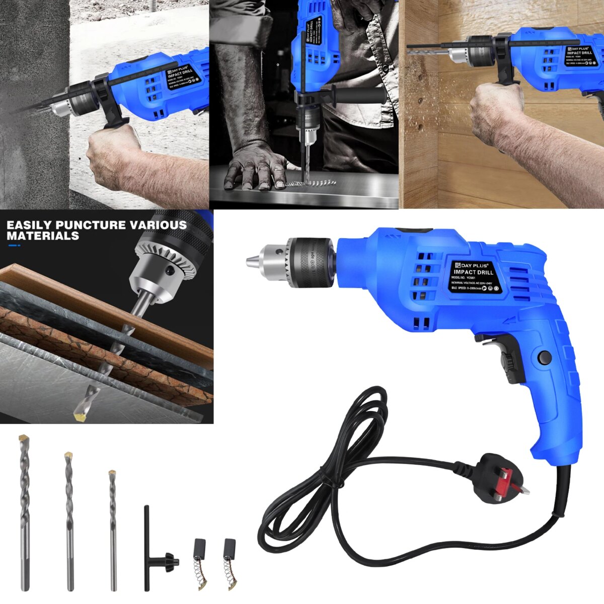 Hammer Drill 240V for Wood Metal Concrete,3000rpm Variable Speed, 2 in 1 Electric Drill Impact Drill with 360° Rotating Handle: 3 - 5 Days Free Delivery only UK. - Image 1