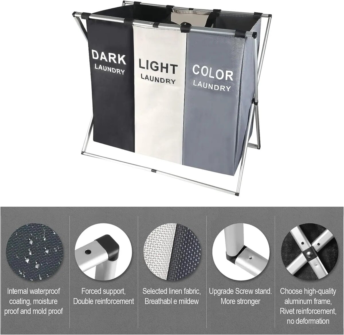 Laundry Basket 3 Compartments Large Foldable Bins Collapsible Hamper Aluminum Bracket and Carry Handles for Bedroom Bathroom: 3 - 5 Days Free Delivery only UK - Image 5