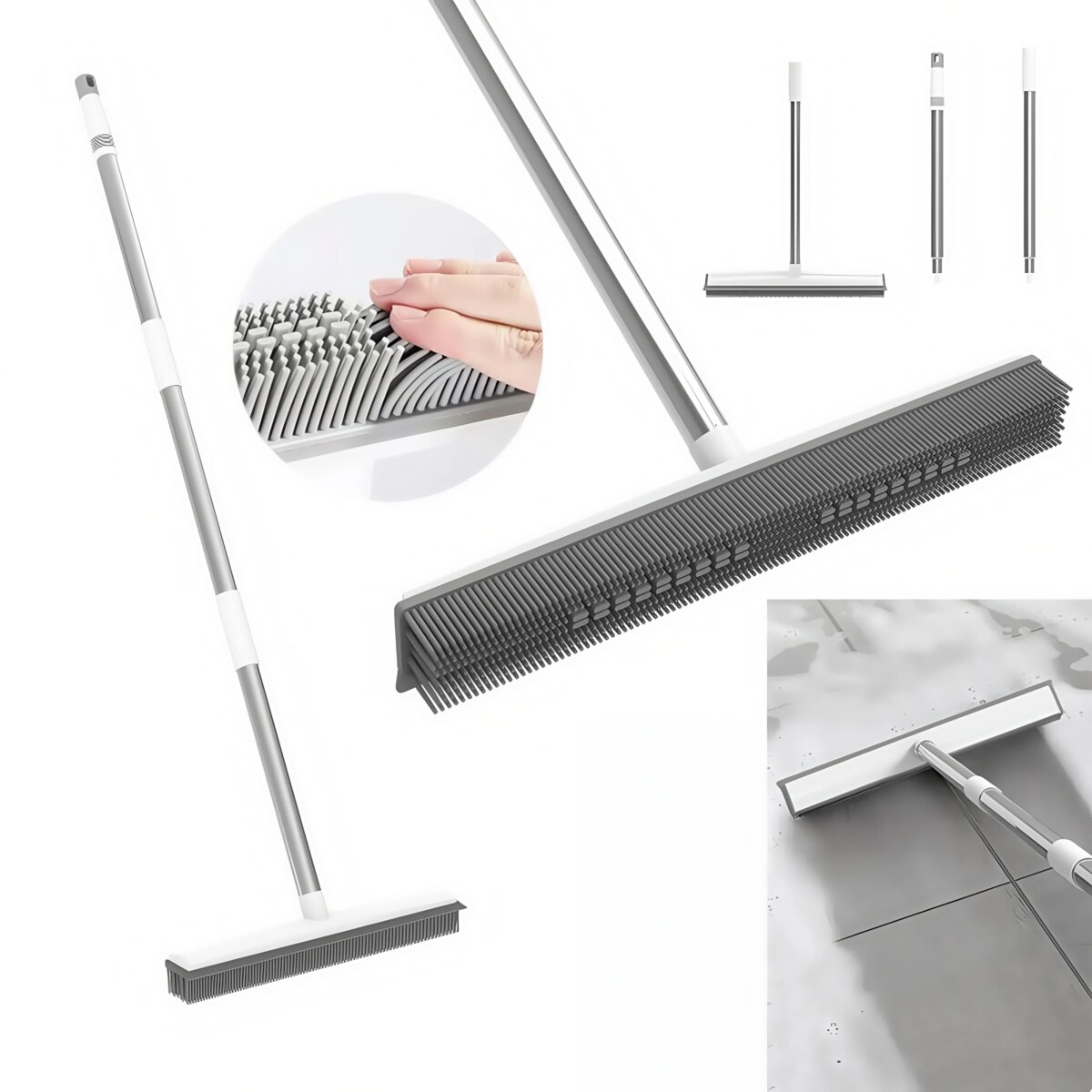 2-in-1 Rubber Broom & Scraper Brush, Silicone Pet Hair Remover for Carpet/Hardwood Floors, Long Handle Sweeper for Tile/Windows: 3 - 5 Days Free Delivery Only UK - Image 1