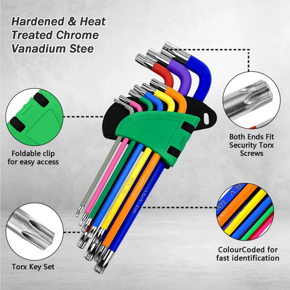 9Pcs Torx Key Set Star End  Long Folding Wrench Set T10-T50 Hex Extra Security Colour Coded for Vehicle Bicycle Repairs Tool: 3 - 5 Days Free Delivery Only UK - Image 3