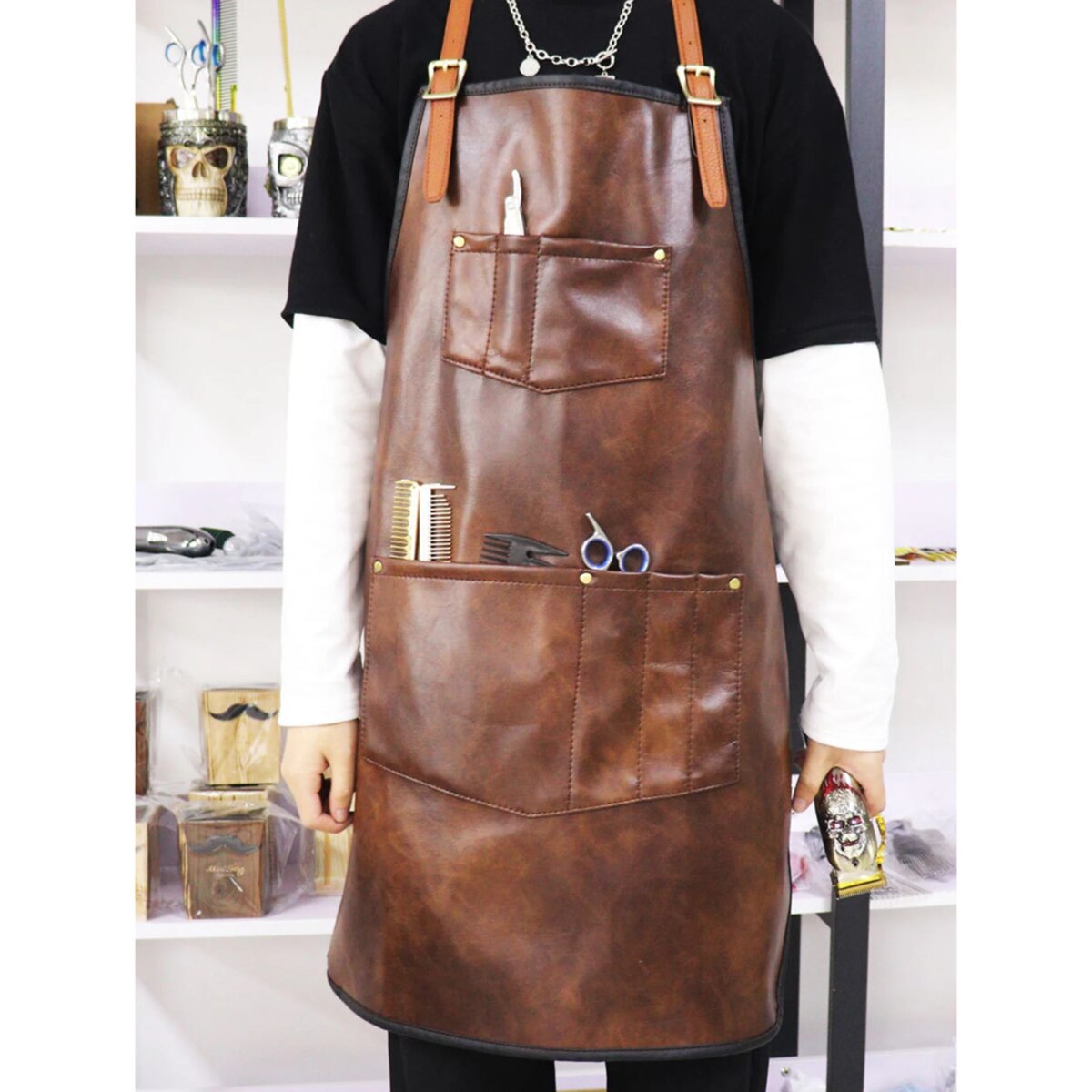 Chef Apron for Men Women Waterproof PU Leather Apron with Pockets Cross-Back Straps for Kitchen BBQ Cooking Barber Barista Apron - Image 3
