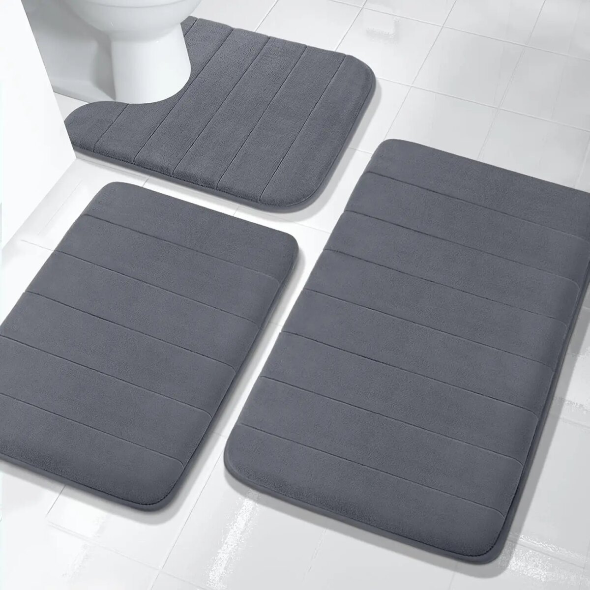 3Pcs Memory Foam Bath Mats Set 40x60CM 50X80CM Rectangle and U-Shaped Bathroom Rugs Non-Slip Soft Water Absorption Toilet Mats: 3 - 5 Days Free Delivery Only UK - Image 1