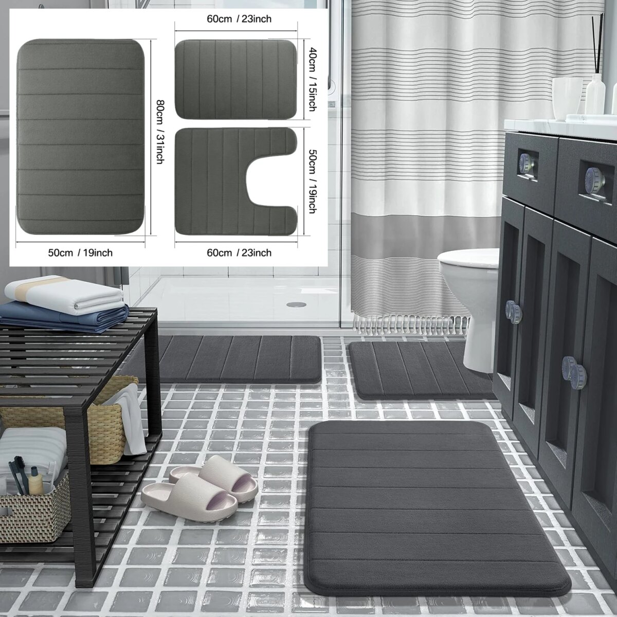 3Pcs Memory Foam Bath Mats Set 40x60CM 50X80CM Rectangle and U-Shaped Bathroom Rugs Non-Slip Soft Water Absorption Toilet Mats: 3 - 5 Days Free Delivery Only UK - Image 5