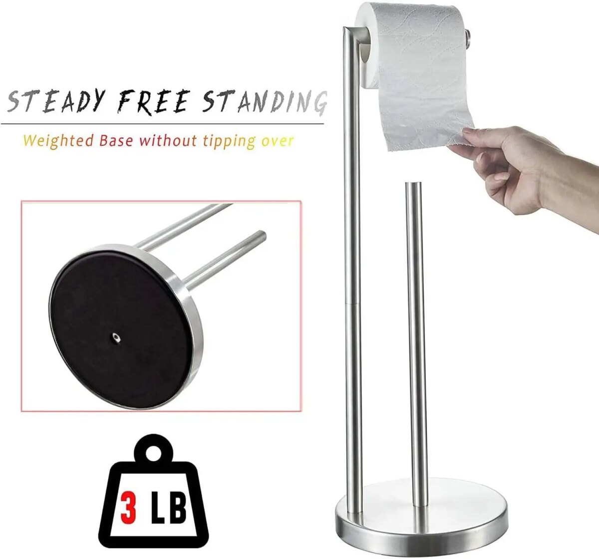 Free Standing Toilet Roll Holder with Heavy Base Stainless Steel Toilet Paper Holder Silver: 3 - 5 Days Free Delivery Only UK - Image 3