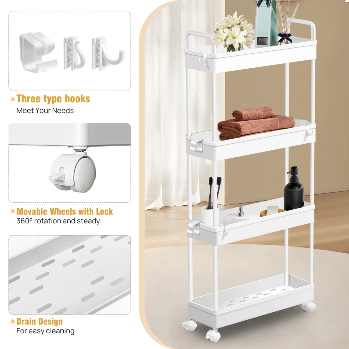 DayPlus 4-Tier Storage Rack Trolley Cart Slide-out Rolling Utility Cart Mobile Shelving Organizer for Kitchen, Bathroom, Bedroom: 3 - 5 Days Free Delivery Only UK - Image 1