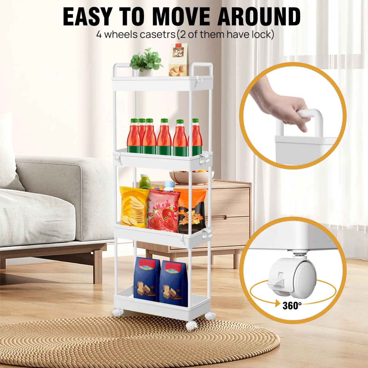 DayPlus 4-Tier Storage Rack Trolley Cart Slide-out Rolling Utility Cart Mobile Shelving Organizer for Kitchen, Bathroom, Bedroom: 3 - 5 Days Free Delivery Only UK - Image 6