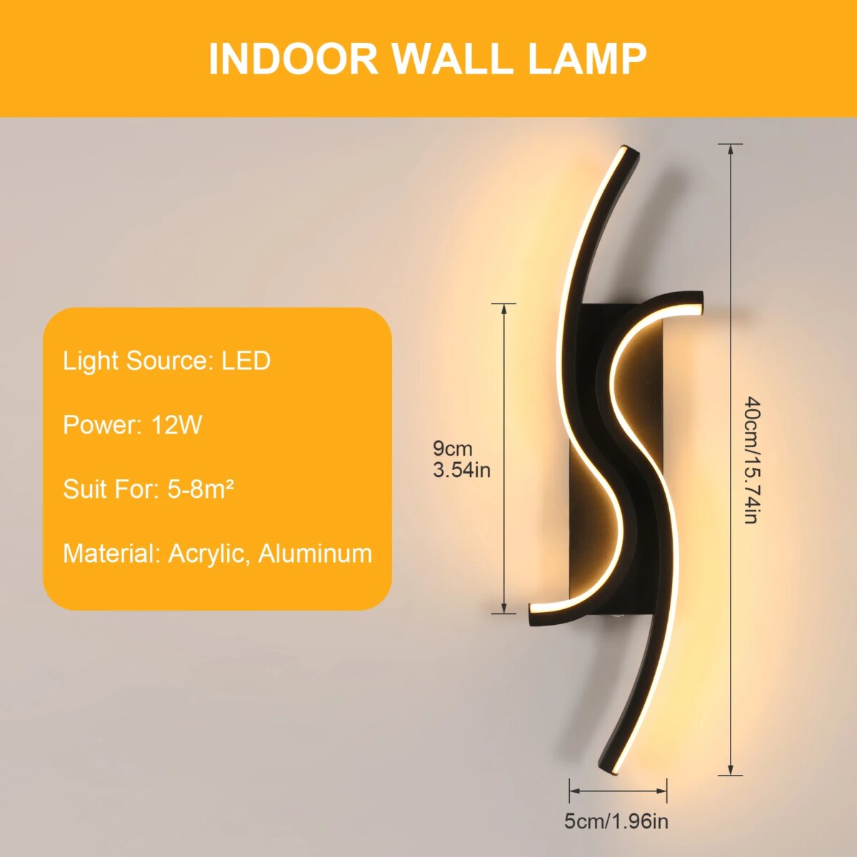 LED Wall Applique, Black Interior Wall Lamp, Warm White Light 3000K Modern Curve for Bedroom, Living Room, Corridor, 3000K: 3 - 5 Days Free Delivery Only UK - Image 2