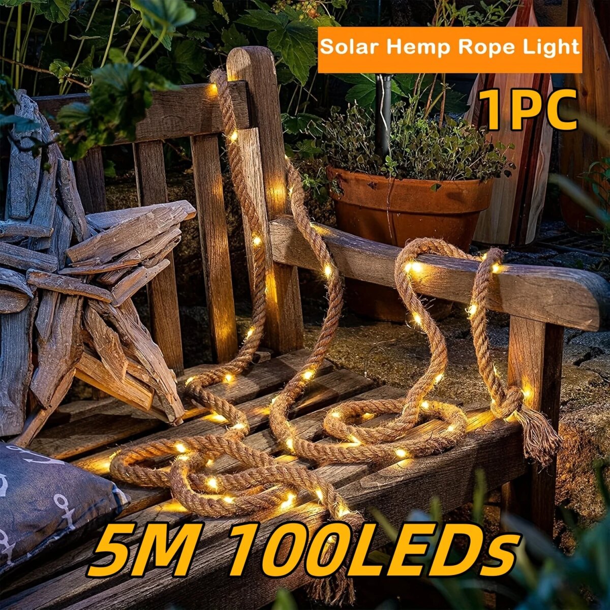 Outdoor Solar Hemp Rope Light String 5M 100LEDs Waterproof 8 Mode Solar Floodlight for Courtyard and Garden Decoration: 3 - 5 Days Free Delivery Only UK - Image 1