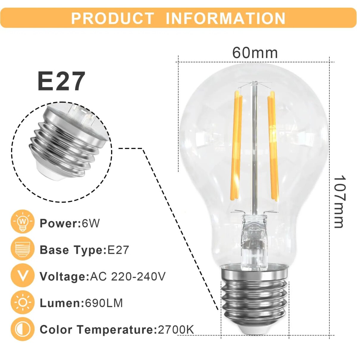 6PCS E27 Vintage Light Bulbs 6W E27 Edison Screw Bulb Warm White 2700K 60W Equivalent E27 LED Bulb Energy Saving Light Bulbs: 3 - 5 Days Free Delivery Only UK - Image 2