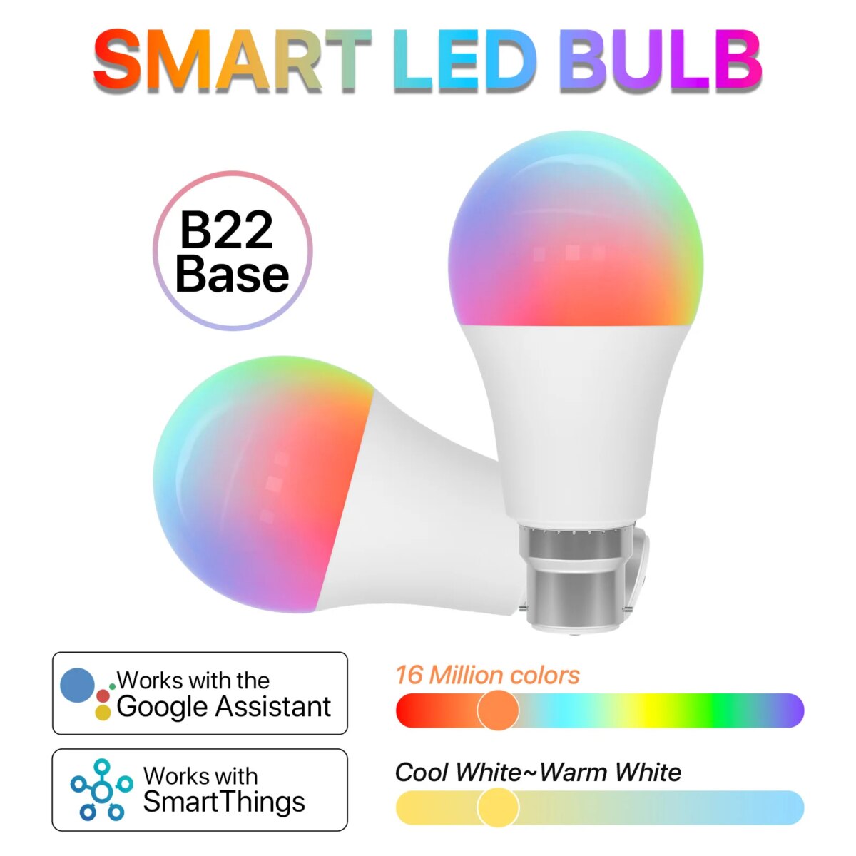 2pcs Smart Light Bulb B22 Bayonet 220V Colour Changing Light Compatible with Echo Alexa Google Home 9W RGBCW Bluetooth: 3 - 5 Days Free Delivery Only UK  WiFi - Image 1