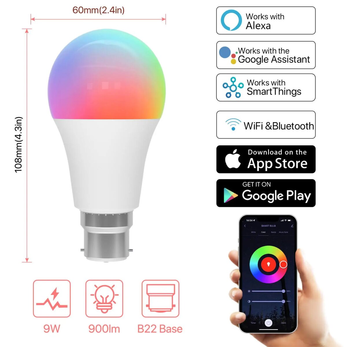2pcs Smart Light Bulb B22 Bayonet 220V Colour Changing Light Compatible with Echo Alexa Google Home 9W RGBCW Bluetooth: 3 - 5 Days Free Delivery Only UK  WiFi - Image 2
