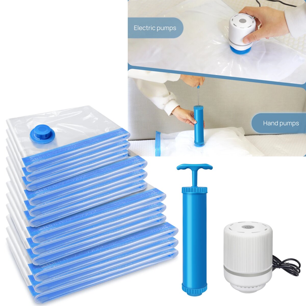 12-Pack Vacuum Compression Storage Bags for Clothes, with Electric Pump - Reusable Space Saver Bags for Travel, Duvets Storage: 3 - 5 Days Free Delivery Only UK - Image 1