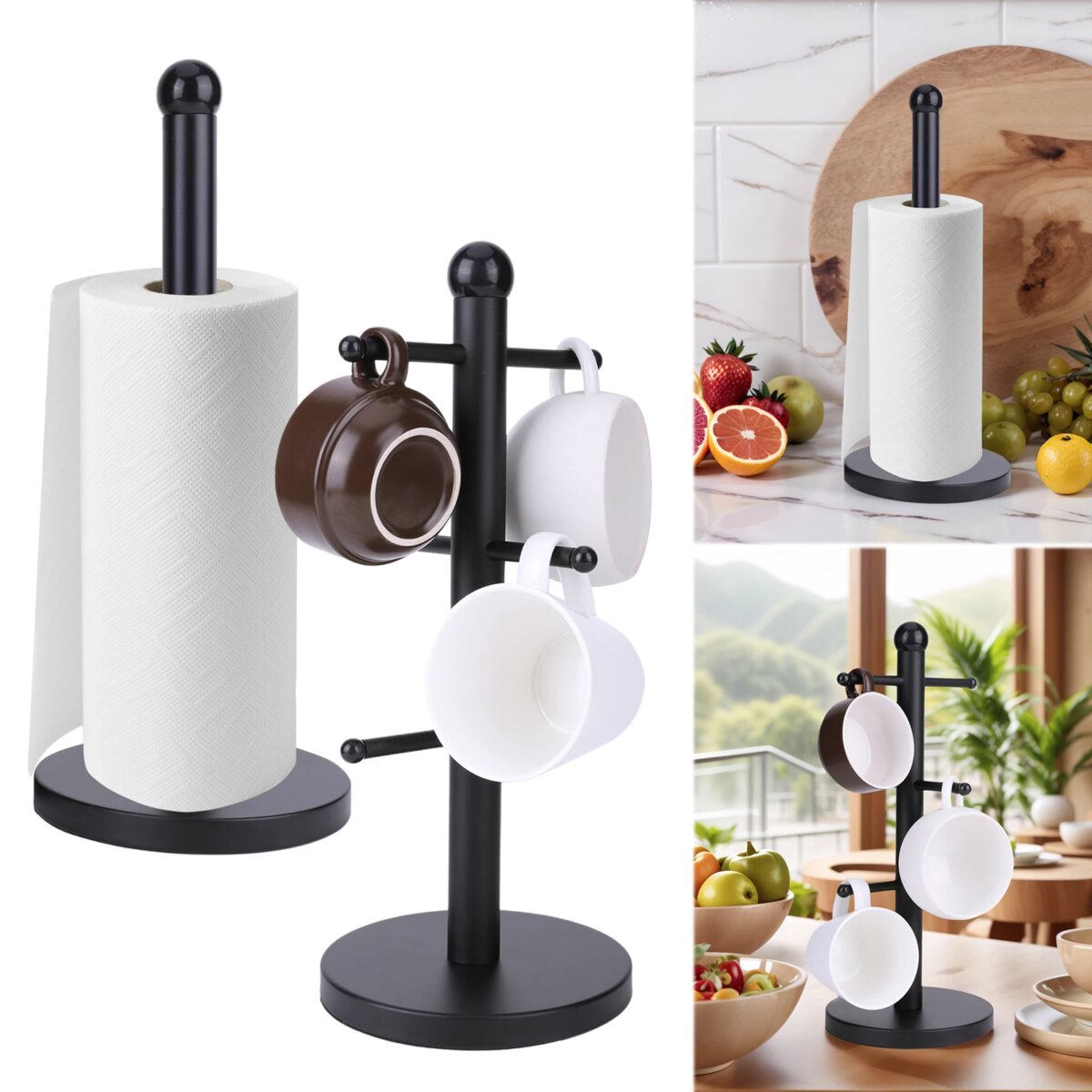 6 Cup Mug Holder with Paper Towel Roll Holder Free-Standing Cup Rack (Black): 3 - 5 Days Free Delivery Only UK - Image 2
