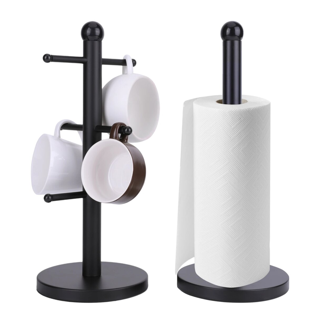 6 Cup Mug Holder with Paper Towel Roll Holder Free-Standing Cup Rack (Black): 3 - 5 Days Free Delivery Only UK - Image 1