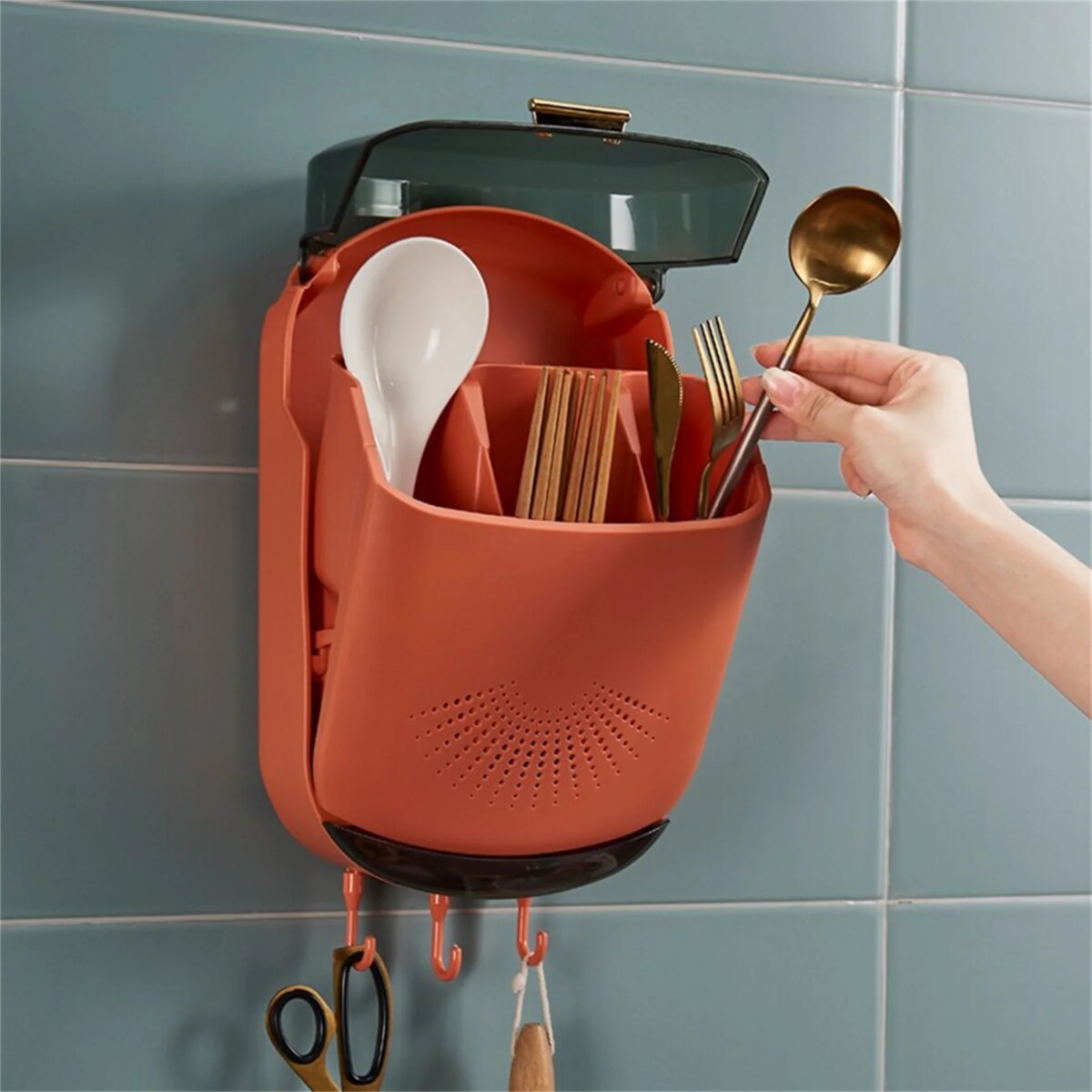 Wall Hanging Chopsticks Box Kitchen Utensil Cutlery Organizer With Drain Holes Bottom Hooks Lid Wall-Mounted Utensils Organizer: 3 - 5 Days Free Delivery Only UK - Image 1
