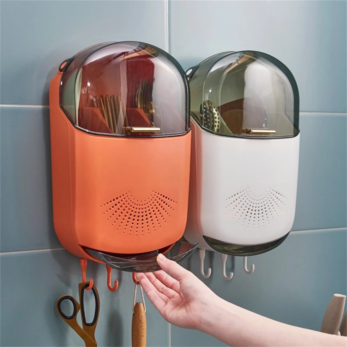 Wall Hanging Chopsticks Box Kitchen Utensil Cutlery Organizer With Drain Holes Bottom Hooks Lid Wall-Mounted Utensils Organizer: 3 - 5 Days Free Delivery Only UK - Image 2