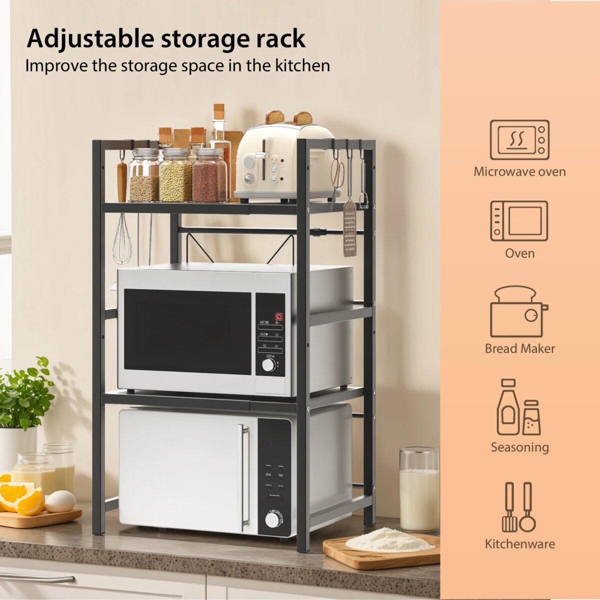 Expandable Microwave Shelf, 1 or 2 Tier Microwave oven Rack Stand Storage Holder Kitchen Corner Shelf Desktop Printer Shelf Rack: 3 - 5 Days Free Delivery Only UK - Image 3