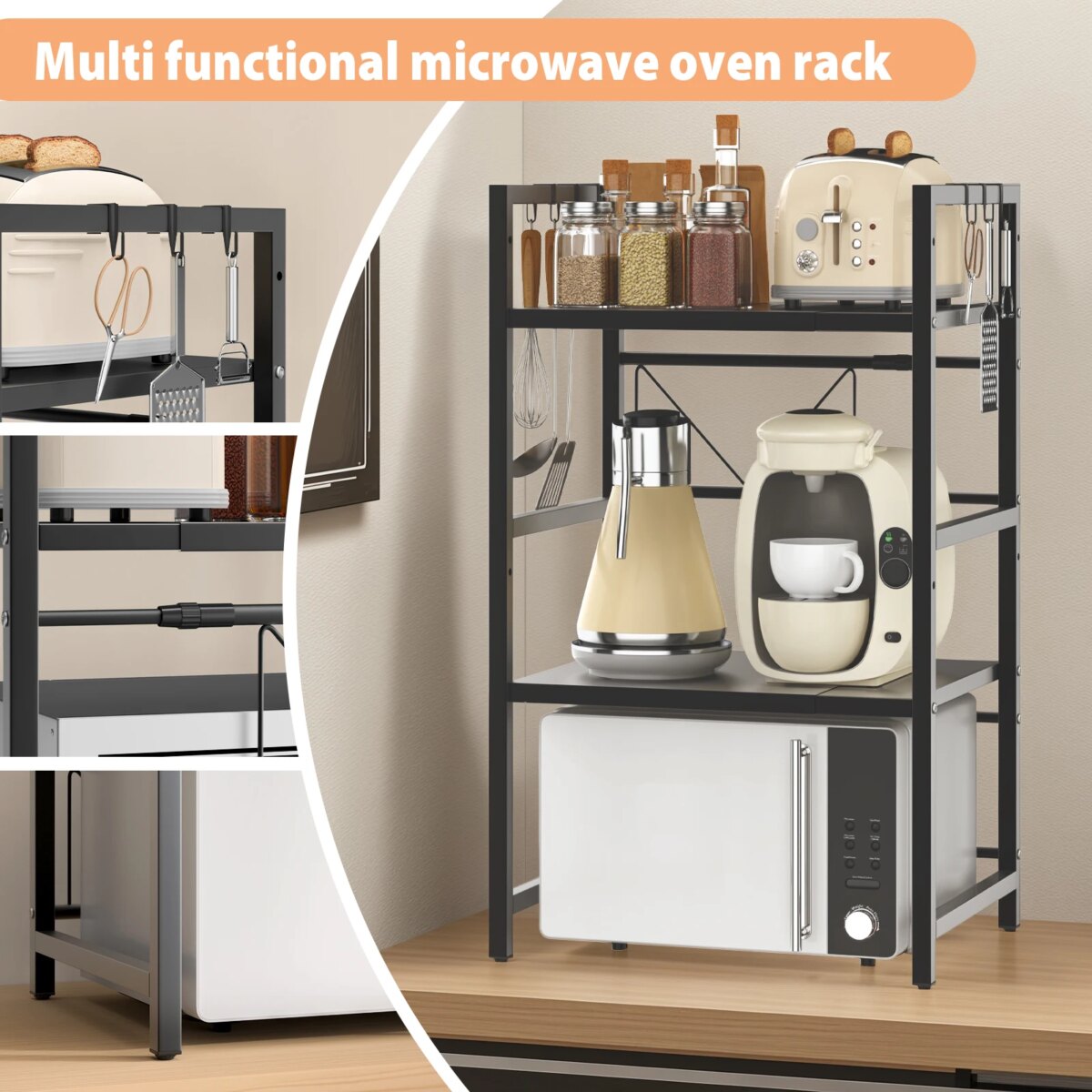 Expandable Microwave Shelf, 1 or 2 Tier Microwave oven Rack Stand Storage Holder Kitchen Corner Shelf Desktop Printer Shelf Rack: 3 - 5 Days Free Delivery Only UK - Image 4