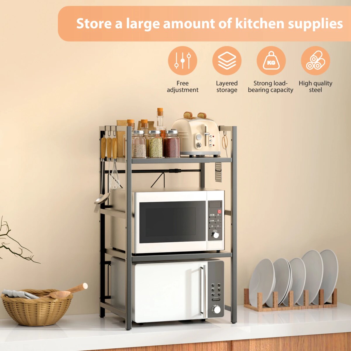 Expandable Microwave Shelf, 1 or 2 Tier Microwave oven Rack Stand Storage Holder Kitchen Corner Shelf Desktop Printer Shelf Rack: 3 - 5 Days Free Delivery Only UK - Image 2