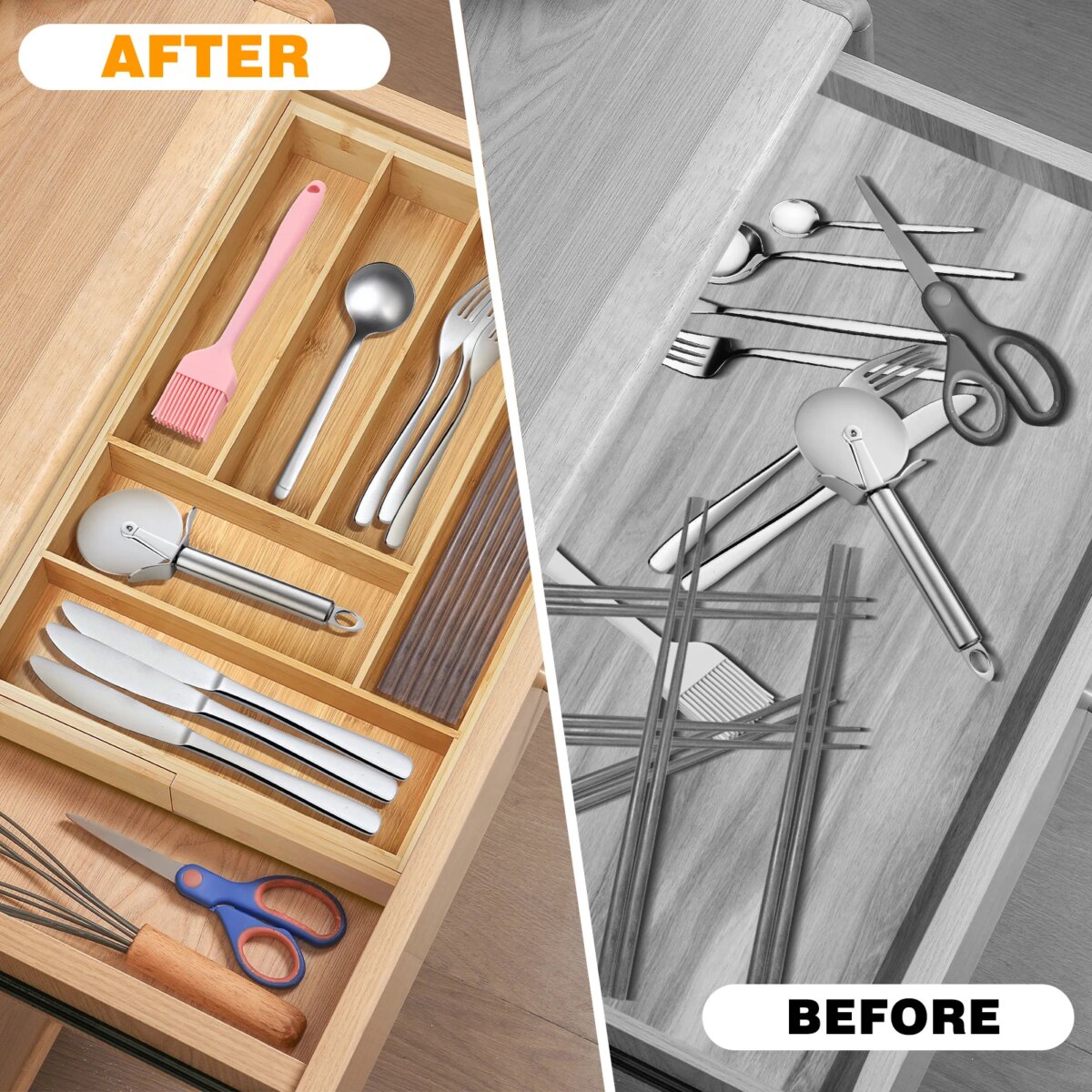 Wooden Bamboo Cutlery Tray, Kitchen Drawer Insert Large 6-8 Compartments, Utensil Holder Rack Organizer, for Home Office: 3 - 5 Days Free Delivery Only UK - Image 5
