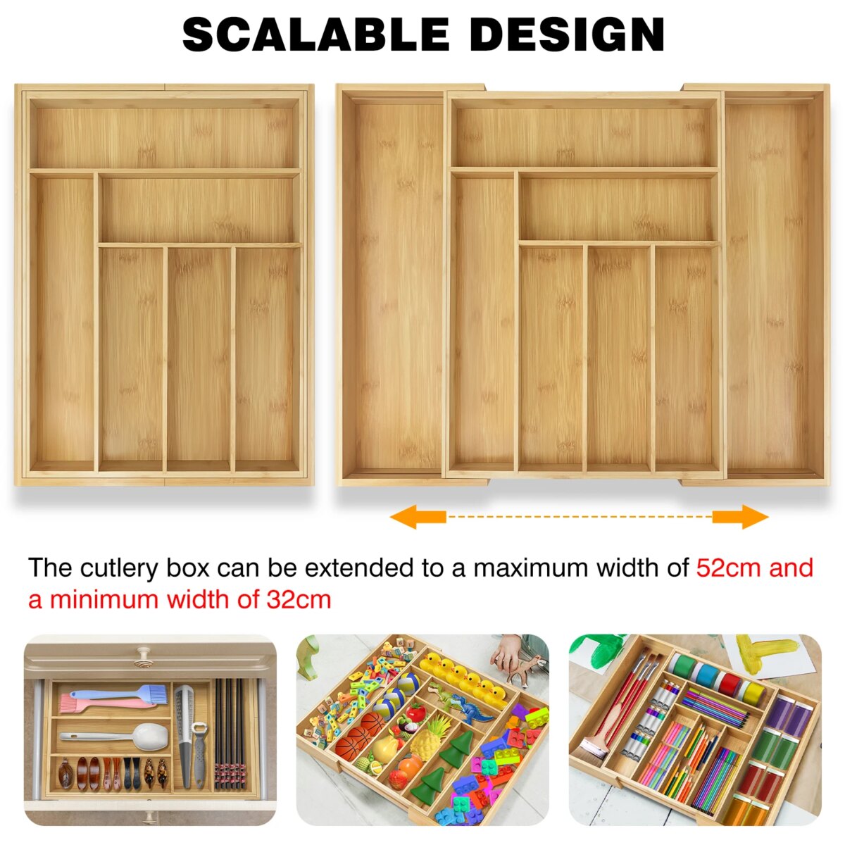 Wooden Bamboo Cutlery Tray, Kitchen Drawer Insert Large 6-8 Compartments, Utensil Holder Rack Organizer, for Home Office: 3 - 5 Days Free Delivery Only UK - Image 3
