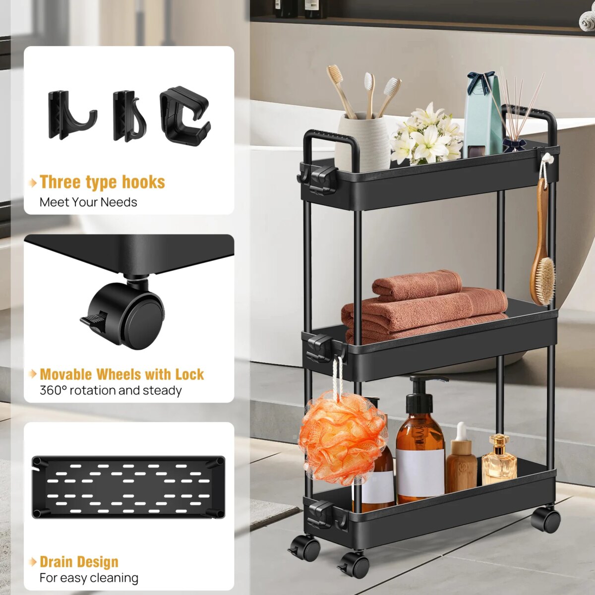 DayPlus 3-Tier Storage Trolley Cart Slide-out Slim Rolling Utility Cart Mobile Storage Shelving Organizer for Kitchen, Bathroom: 3 - 5 Days Free Delivery Only UK - Image 4