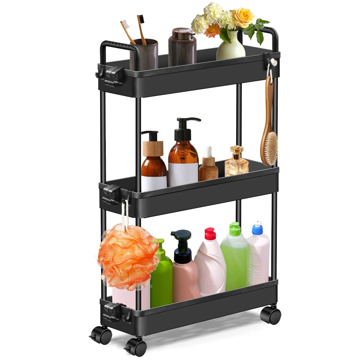 DayPlus 3-Tier Storage Trolley Cart Slide-out Slim Rolling Utility Cart Mobile Storage Shelving Organizer for Kitchen, Bathroom: 3 - 5 Days Free Delivery Only UK - Image 1