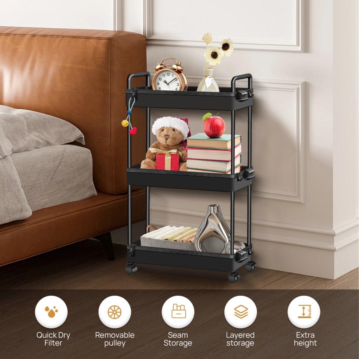 DayPlus 3-Tier Storage Trolley Cart Slide-out Slim Rolling Utility Cart Mobile Storage Shelving Organizer for Kitchen, Bathroom: 3 - 5 Days Free Delivery Only UK - Image 5