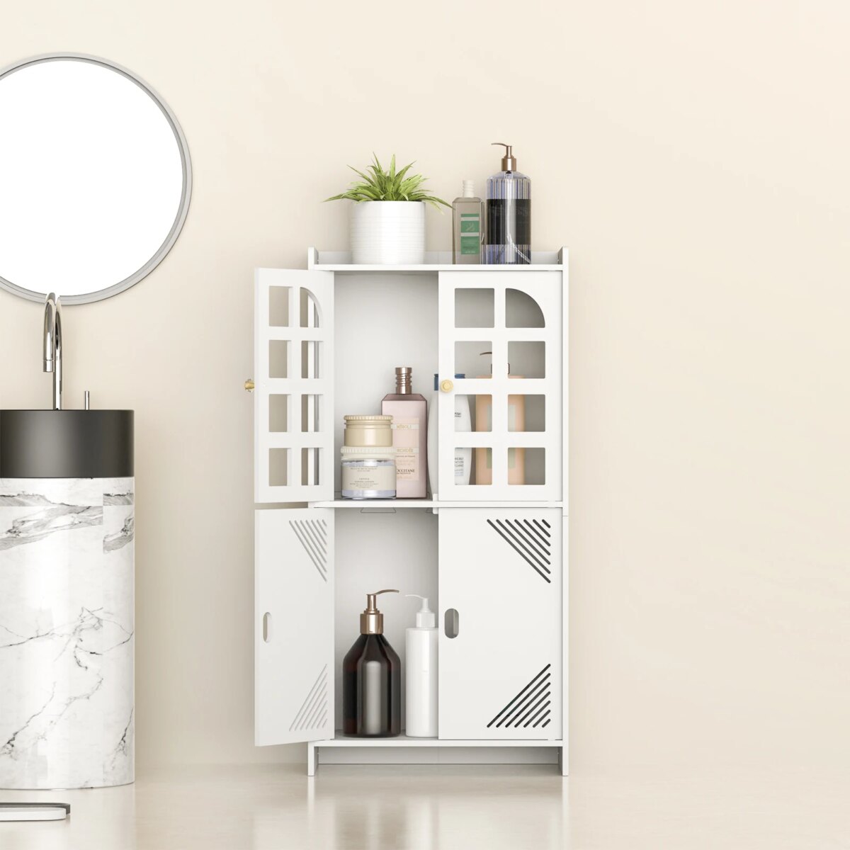 3 Tier Bathroom Floor Cabinet,Storage Cabinet with Door,Free Standing Shelf Unit,for Bathroom,Kitchen,Waterproof,White: 3 - 5 Days Free Delivery Only UK - Image 3