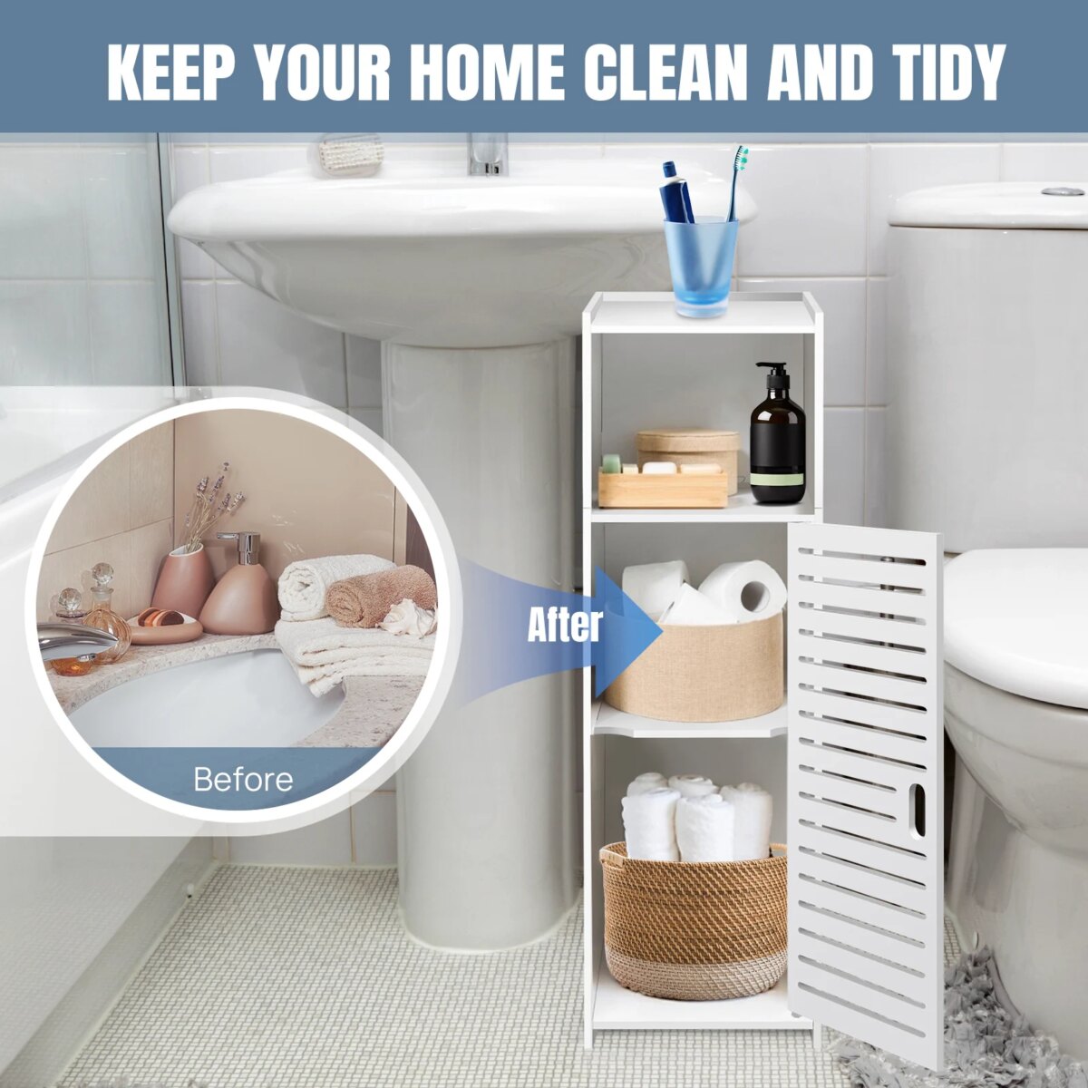 Narrow 3-Tier Storage Cabinet with Door - Space-Saving Bathroom Shelf Organizer for Kitchen, Living Room, Hallway: 3 - 5 Days Free Delivery Only UK - Image 3